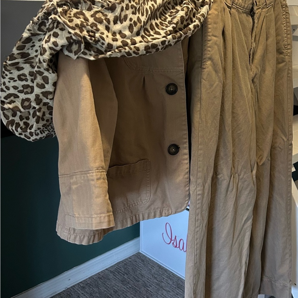 Relativity Tan Utility Jacket with Leopard Print Infinity Scarf and Khaki Pants